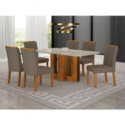 Conjunto de Jantar Sofia 6 Lugares Tampo em Vidro com Cadeiras Estofadas Camurça 180CM Leifer Móveis