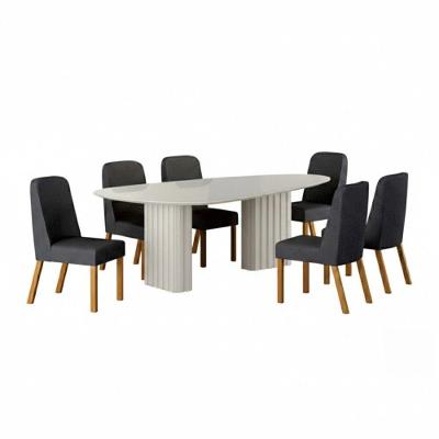 Conjunto de Jantar Ísis 6 Lugares Tampo em MDF com Vidro Off White e Cadeiras Linho Chumbo 200CM