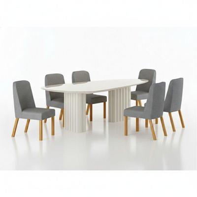 Conjunto de Jantar Ísis 6 Lugares Tampo em MDF Orgânico com Vidro Off White e Cadeiras Linho Cinza