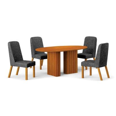 Conjunto de Jantar Ísis 6 Lugares Tampo MDF Orgânico Base Trapézio Cinamomo Cadeiras Linho Chumbo