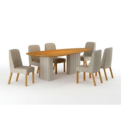 Conjunto de Jantar Ísis 6 Lugares Tampo MDF Orgânico com Cadeiras em Linho Palha 200CM Leifer Móveis