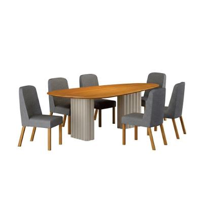 Conjunto de Jantar Ísis 6 Lugares Tampo MDF Orgânico Base Trapézio Cinamomo Cadeiras Linho Cinza