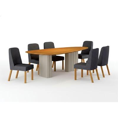 Conjunto de Jantar Ísis 6 Lugares Tampo MDF Orgânico Cinamomo Off White e Linho Chumbo 200CM Leifer