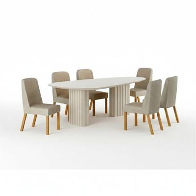 Conjunto de Jantar Ísis 6 Lugares Tampo Orgânico com Vidro Estofado Linho Palha Off White 200CM