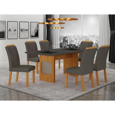 Conjunto de Jantar Lara 1,80m 6 Lugares Tampo em Vidro com Ratan Cinamomo 180CM Leifer Móveis