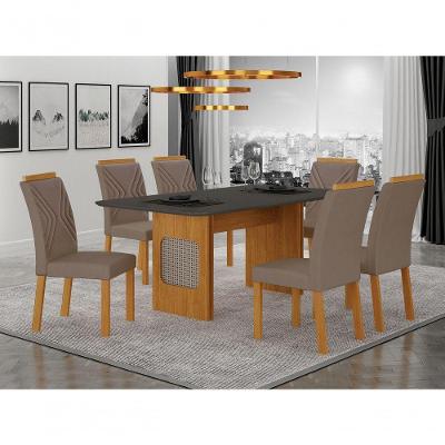 Conjunto de Jantar Lara 1,60m 6 Lugares Tampo em Vidro com Ratan Cinamomo 160CM Leifer Móveis