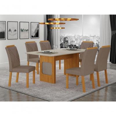 Conjunto de Jantar Lara 1,80m 6 Lugares Tampo em Vidro com Ratan Cinamomo Off White 180CM Leifer