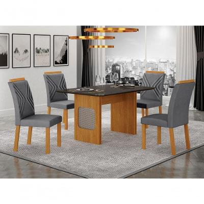 Conjunto de Jantar Lara 4 Lugares Tampo em Vidro Base Trapézio Cinamomo 120CM Leifer Móveis