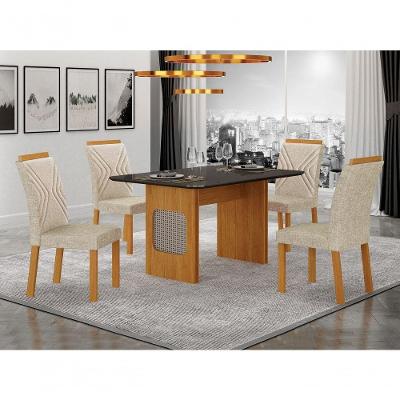 Conjunto de Jantar Lara 4 Lugares Tampo em Vidro Chumbo com Cadeiras Bordadas Linho Cinamomo 120CM