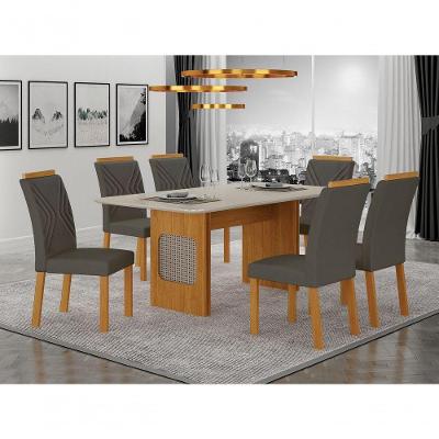 Conjunto de Jantar Lara 6 Lugares Tampo em Vidro com Detalhe em Ratan Cinamomo Off White 160CM