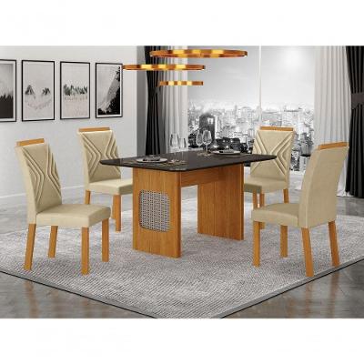 Conjunto de Jantar Lara 4 Lugares Tampo em Vidro com Cadeiras Estampadas Cinamomo 120CM Leifer