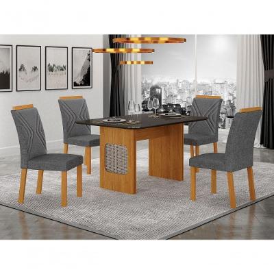 Conjunto de Jantar Lara 4 Lugares Tampo em Vidro com Detalhe em Ratan Chumbo 120CM Leifer Móveis