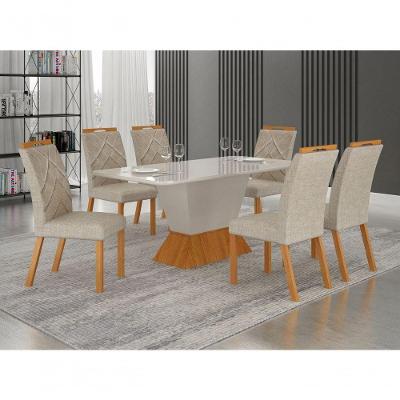 Conjunto de Jantar Larissa 6 Cadeiras Tampo Copo Off White Cinamomo 180CM Leifer Móveis