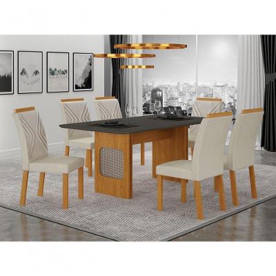 Conjunto de Jantar Lara 6 Lugares Tampo em Vidro com Ratan Cinamomo Chumbo Joli Palha 180CM Leifer