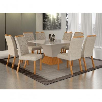 Conjunto de Jantar Larissa 8 Cadeiras Tampo MDF Copo Off Bordado Geométrico Cinamomo 135CM Leifer