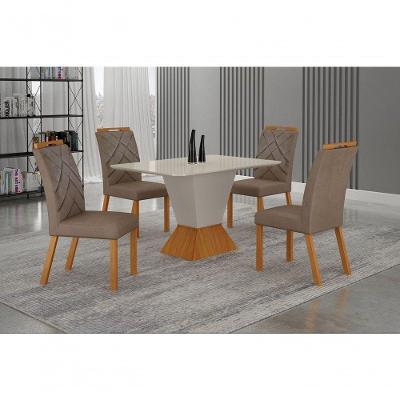 Conjunto de Jantar Larissa 4 Lugares Tampo Copo Off White com Cadeiras em Linho Cinamomo e Palha