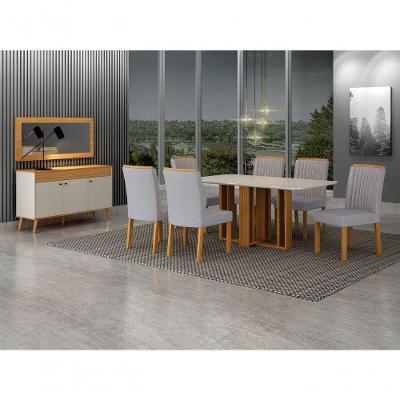 Conjunto de Jantar Jade Gold 6 Lugares Tampo em Vidro Base Ripada Cinamomo 160CM Leifer Móveis