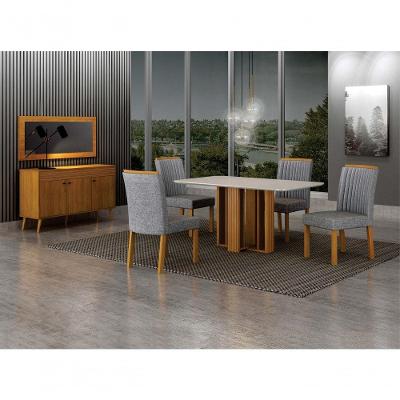 Conjunto de Jantar Jade Gold 4 Lugares Tampo em Vidro com Cadeiras em Linho Cinza 120CM Leifer