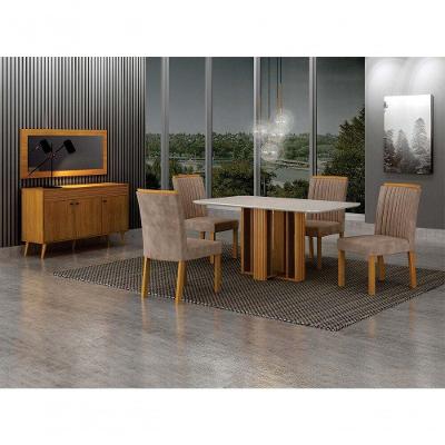Conjunto de Jantar Jade Gold 4 Lugares Tampo em Vidro Base Ripada Cinamomo 120CM Leifer Móveis
