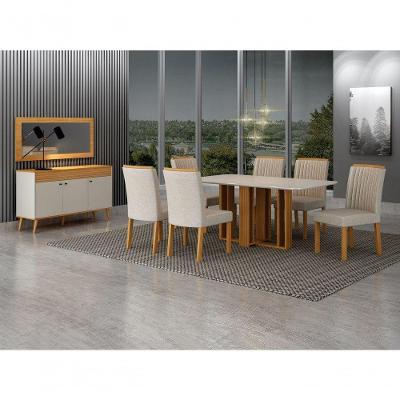 Conjunto de Jantar Jade Gold 6 Lugares Tampo em Vidro Base Ripada Cinamomo 160CM Leifer Móveis