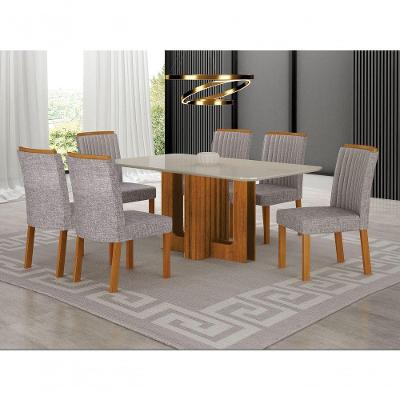 Conjunto de Jantar Sofia 1,80m 6 Lugares Tampo em Vidro Base Pedestal Cinamomo e Linho Cinza 180CM