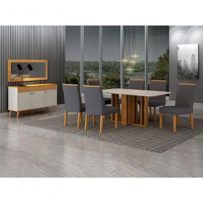 Conjunto de Jantar Jade Gold 6 Lugares Tampo em Vidro Design Ripado Cinamomo-Chumbo 160CM Leifer