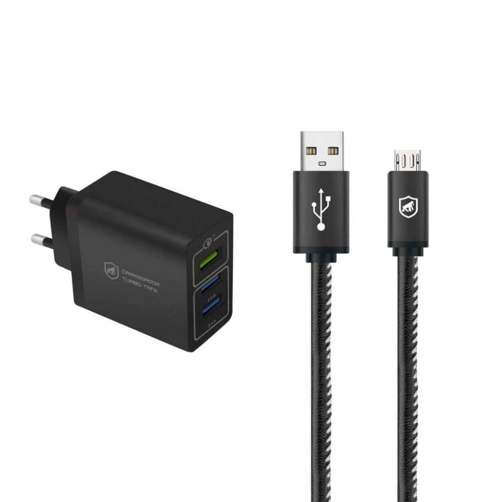 Kit Carregador Turbo Triplo E Cabo Turbo Militar Micro Usb V8 - Gshield - 1