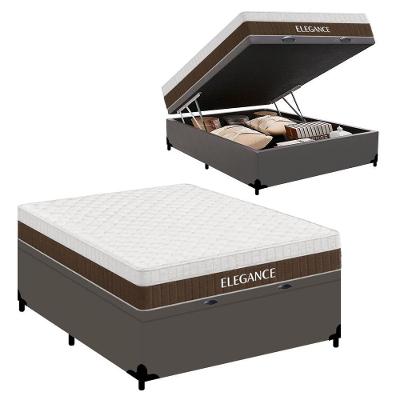 Cama Box com Baú Casal Elegance Pillow Top Molas Ensacadas Tecido Cinza Royal