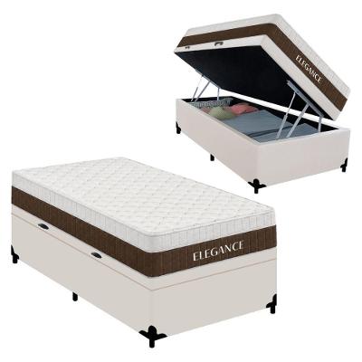 Cama Box com Baú Solteiro Elegance Pillow Top Molas Ensacadas Tecido Off White Royal