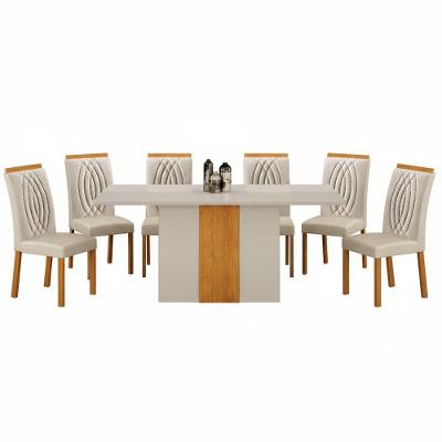 Conjunto de Jantar Doha 6 Lugares Tampo em Vidro Estofado Off White 160CM Leifer Móveis