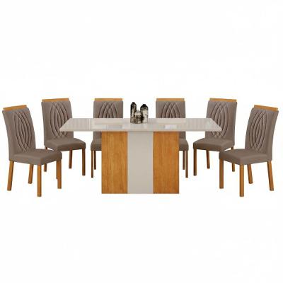Conjunto de Jantar Doha 6 Lugares Tampo em Vidro com Cadeiras Estofadas Off White 160CM Leifer
