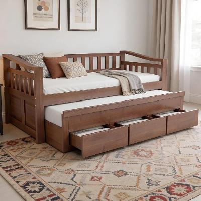 Cama Solteiro com Auxiliar Azura Castanho B11 com 3 Gavetas Madeira Maciça Café Mpozenato