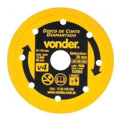 Disco Diamantado V4 com Corte a Seco e Perfil Turbo 14.000 RPM 110mm com Bucha e Vonder
