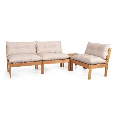 Conjunto Raiz 4 Lugares com Mesa Centro Estrutura Madeira Assentos Tecido Impermeável Bege Magazine
