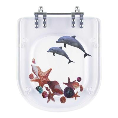 Assento Sanitário Flox Decorado Golfinho e Concha Alongado Resina Plástica Convencional Transparente