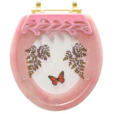Assento Sanitário Rosa Quartzo Oval Resina Plástica Parafusado Convencional Decorado Borboleta