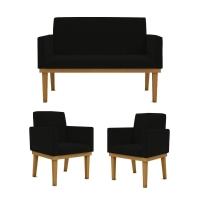 Kit Sofá Com Base Reforçada + 2 Poltronas Sala De Estar Cor:preto - 1