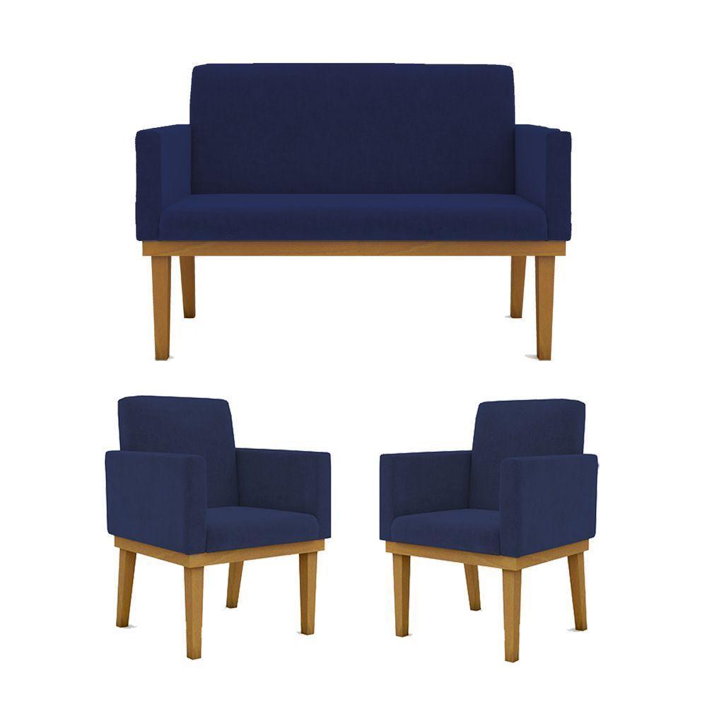 Kit Sofá Com Base Reforçada + 2 Poltronas Sala De Estar Cor:azul Marinho - 1