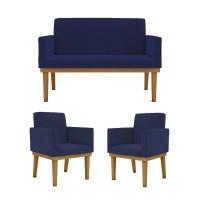 Kit Sofá Com Base Reforçada + 2 Poltronas Sala De Estar Cor:azul Marinho - 1