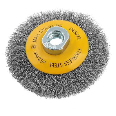 Escova Circular 100mm M14 Aço Inox Fios Ondulados 0,3mm Denzel Limpeza Eficiente 10CM