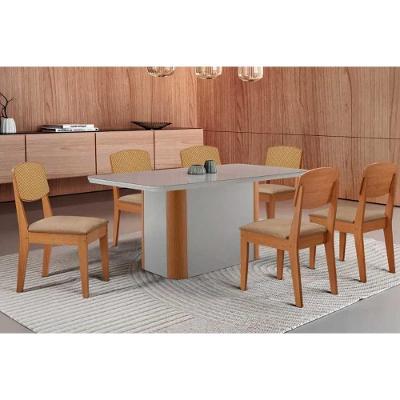 Sala de Jantar Pietá 6 Lugares Tampo MDF Vidro Curvo Bege 180CM Móveis Rufato
