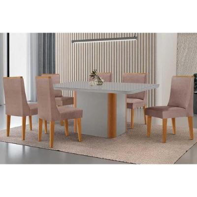 Sala de Jantar Pietá 6 Lugares Tampo MDF com Vidro Curvo Off White 180CM Móveis Rufato