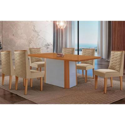 Sala de Jantar Pietá 6 Lugares Tampo MDF Cadeiras Estofadas Linho Bege 180CM Móveis Rufato