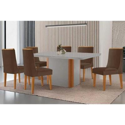 Sala de Jantar Pietá 6 Lugares Tampo MDF com Vidro Curvo Off White e Suede Marrom 180CM Móveis