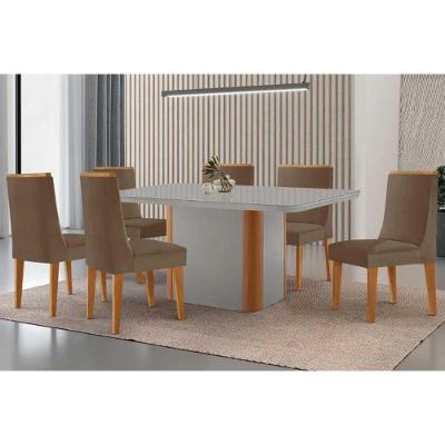 Sala de Jantar Pietá 6 Lugares Tampo MDF com Vidro Curvo Off White 180CM Móveis Rufato