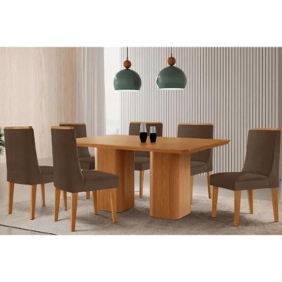 Sala de Jantar Maldivas 6 Lugares Tampo em MDF com Cadeiras Estofadas Marrom 180CM Móveis Rufato