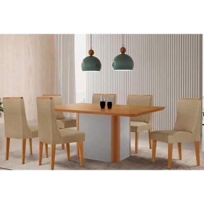 Sala de Jantar Pietá + Dakota 6 Lugares Tampo MDF Cadeiras Estofadas Bege 180CM Móveis Rufato
