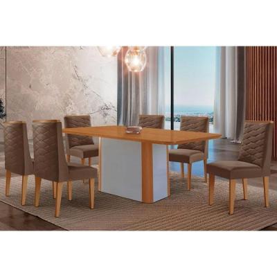 Sala de Jantar Pietá + Dafne 6 Lugares Tampo MDF com Cadeiras Suede Amadeirado 180CM Móveis Rufato