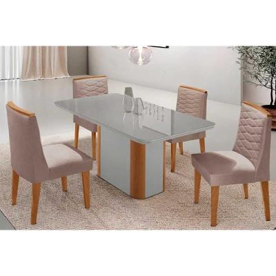 Sala de Jantar Pietá + Maldivas 4 Lugares Tampo MDF com Vidro Curvo Off White 120CM Móveis Rufato
