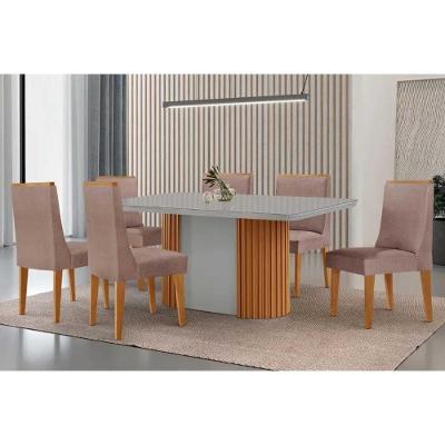 Sala de Jantar Mesa Pilar Curvo 6 Lugares Tampo MDF com Cadeiras Estofadas Off White 180CM Móveis